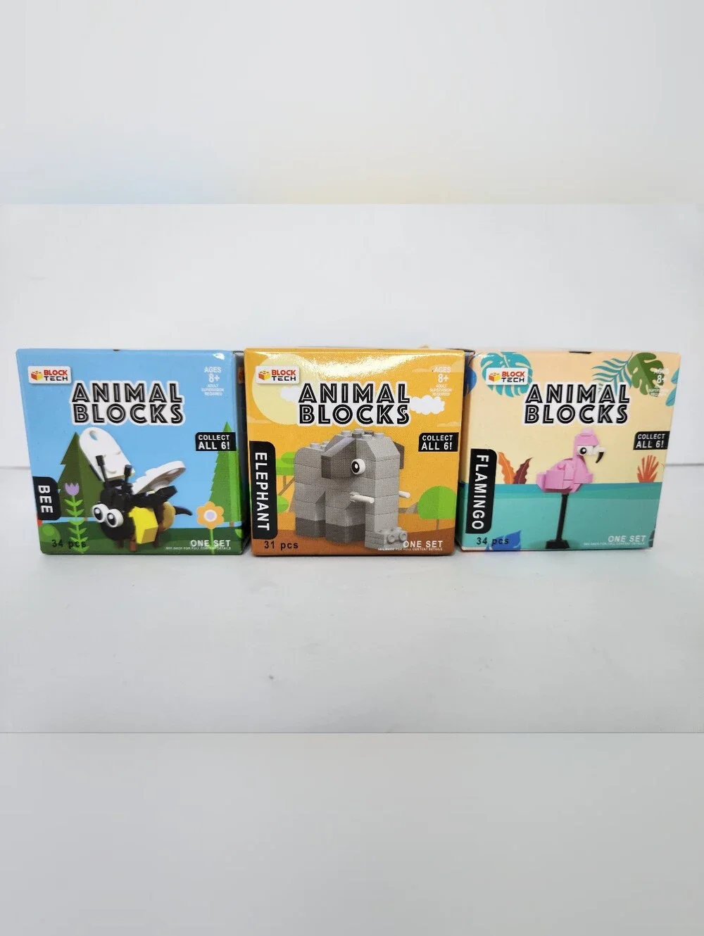 3 Block Tech Animal Blocks Building Sets - Elephant, Bee, Flamingo